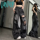 Lunivop Women’s Distressed Design Wide Leg Hole Jeans Summer New Street Unisex Style Trousers